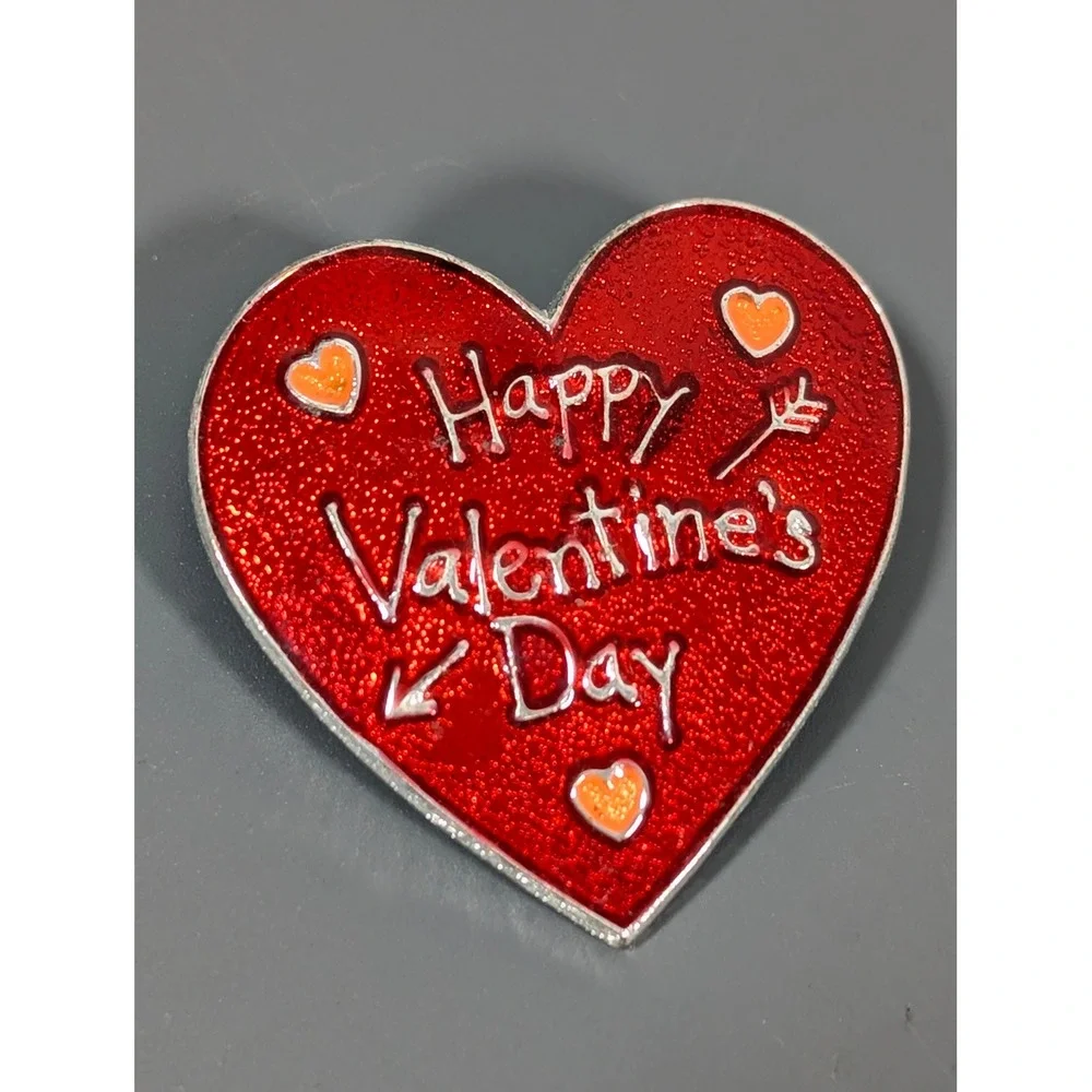 Retro Red‎ Enamel Happy Valentines Day Heart Pin Silver Tone Love